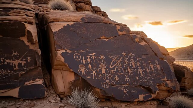 Ancient Petroglyphs on Rock at Sunset.