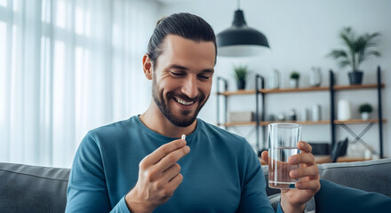Naklejka premium Healthy Living A Man Taking Daily Vitamin Pills and Supplement with Glass of Water at Home Happy Adult Smiling Enjoying Healthcare Medication and Good Health Wellbeing