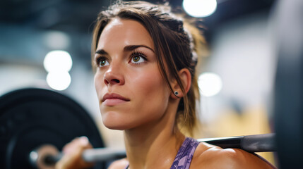 Athletic fitness woman lifting heavy barbell in industrial gym, intense focus and determination, bodybuilding inspiration
