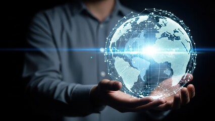 Person holding a glowing holographic earth with digital connections and data streams