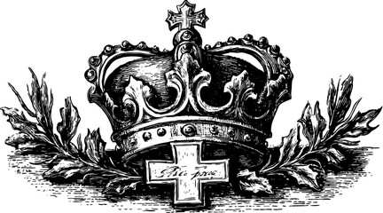 Christian cross integrated with a royal crown design. Vintage vector illustration featuring intricate floral elements in a detailed set.
