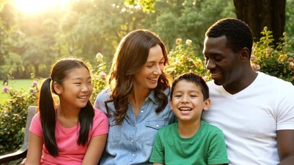 Happy diverse family enjoying sunny day in park, loving togetherness