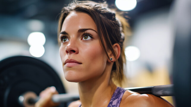Athletic fitness woman lifting heavy barbell in industrial gym, intense focus and determination, bodybuilding inspiration