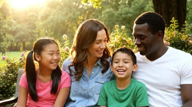 Happy diverse family enjoying sunny day in park, loving togetherness