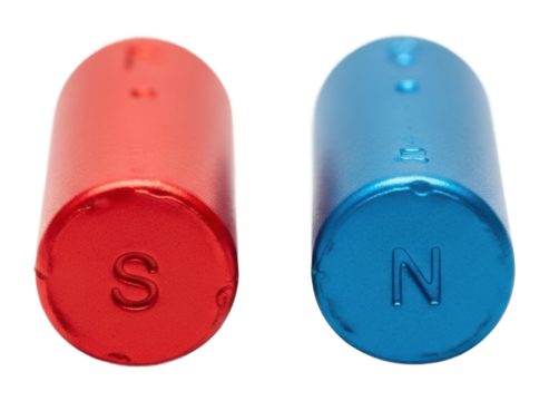 Magnetic field demonstration with red and blue magnets isolated on transparent background