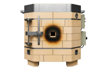 Electric pottery kiln made of fire bricks with metal latch and peephole isolated on transparent background