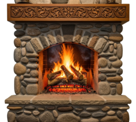 Cozy firewood burning rustic fireplace comfort home isolated on transparent background