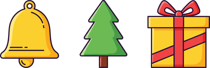 Fototapeta premium Christmas holiday icon set featuring jingle bell, pine tree, and wrapped gift box in colorful flat cartoon style for festive seasonal designs