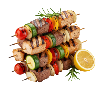 Grilled vegetable and meat skewers barbecue food isolated on transparent background