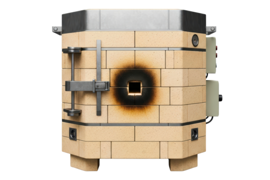 Electric pottery kiln made of fire bricks with metal latch and peephole isolated on transparent background