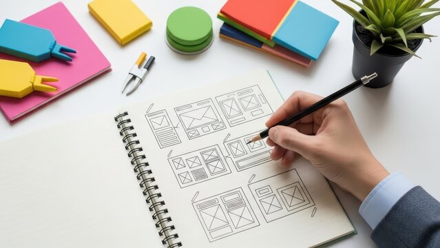 Overhead view of a hand writing notes in a spiral notebook surrounded by stationery supplies