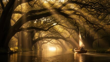 Sunbeams pierce through ancient oak trees creating a magical golden light over a tranquil water path