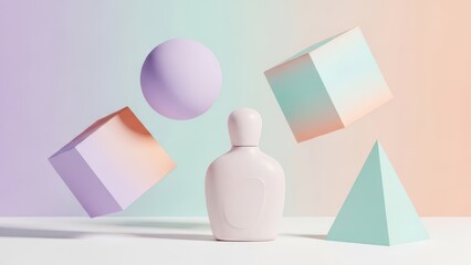 Minimalist cosmetic bottle surrounded by floating pastel geometric shapes and soft gradient background