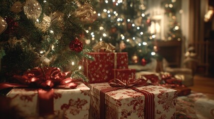 grand gifts under the tree at a holiday party,