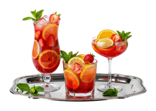 Refreshing summer cocktail drinks on silver tray elegant presentation isolated on transparent background