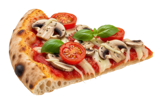 Delicious pizza slice with tomatoes and mushrooms food isolated on transparent background