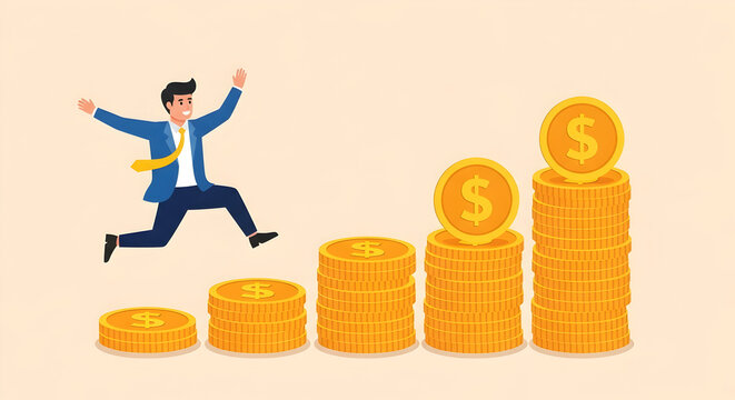 Financial Growth and Career Success A Happy Businessman Jumps Upwards on Stacks of Gold Coins Illustrating Achievement Motivation Wealth Creation and Business Development