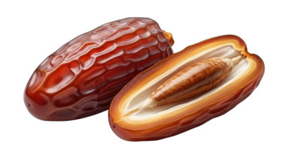 Two fresh dates, one whole and one cut open showing the seed isolated on transparent background