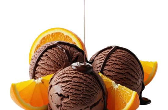 Indulgent chocolate ice cream with oranges dessert setup isolated on transparent background
