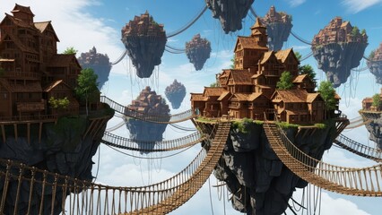 Enchanting fantasy world with wooden villages on floating islands connected by rope bridges