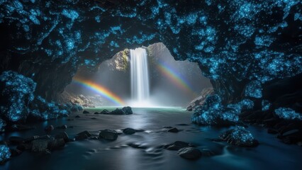 Mystical waterfall emerging from a dark cave entrance bathed in rainbow light
