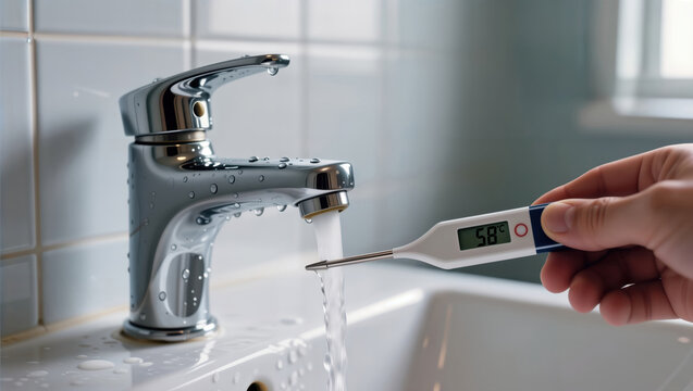 Hand Checking Hot Water Temperature with a Digital Thermometer