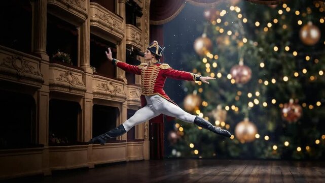 A ballet dancer in the role of the Nutcracker, flying in a jump in a scene from the ballet "The Nutcracker." Illustration for Hoffmann's fairy tale "The Nutcracker and the Mouse King."