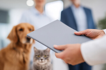 Agent hands a pet insurance plan to responsible pet owners