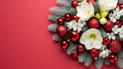 Naklejka premium Winter Florals and Baubles Cluster on Crimson Surface