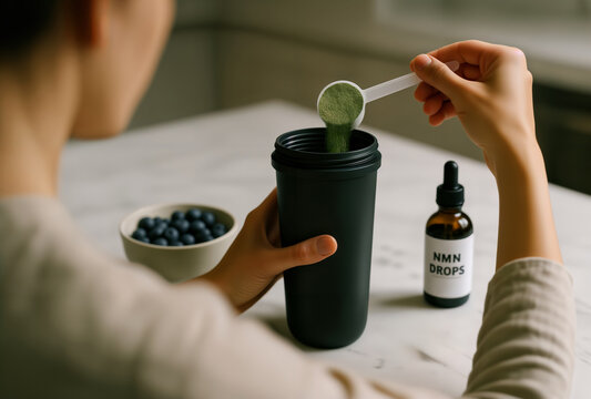 Pouring Green Supplement Powder into a Shaker Cup with Nuts and Drops