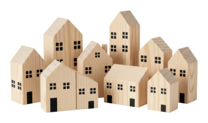 Wooden model houses creative display minimalist isolated on transparent background