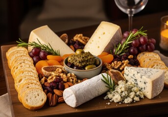 Gourmet cheese board with crackers, fruits, nuts, and olives