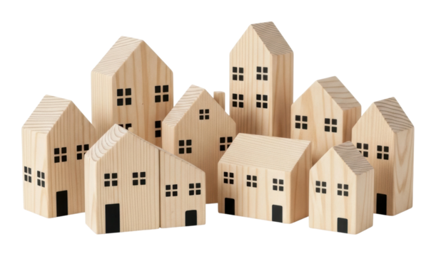 Wooden model houses creative display minimalist isolated on transparent background