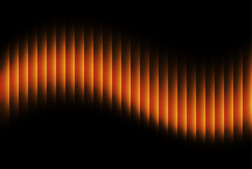 Abstract digital background featuring a dynamic, undulating wave pattern composed of vertical orange and yellow glowing light bars set against a stark black 