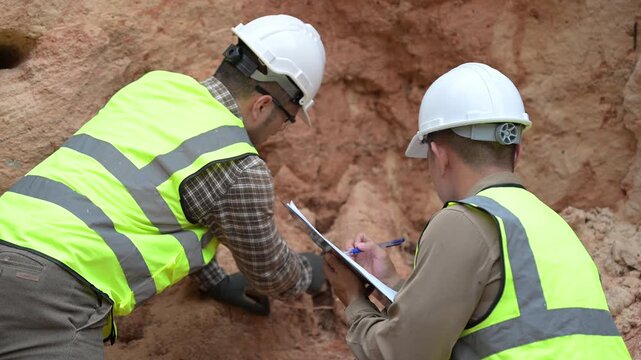 Geologist surveying mine,Explorers collect soil samples to look for minerals, A geologist is a scientist who studies the Earth's physical structure and substances