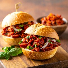 Chorizo sandwiches on a wood board. Rustic background, basil garnish, and a small bowl of extra filling