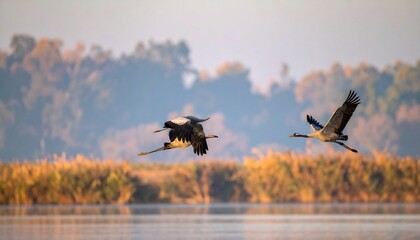 Birds fly across calm water; autumn landscape & trees in background, soft lighting