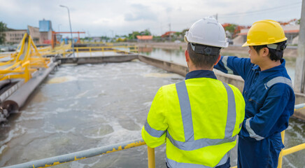 Two professional male engineers discussing maintenance plans on a clipboard while standing on a metal walkway at a large industrial water treatment plant and sewage facility outdoors. © reewungjunerr