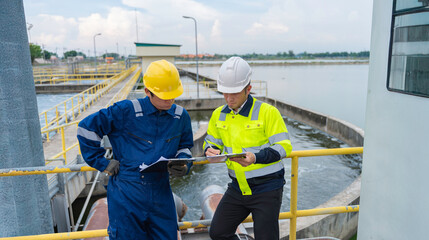 Two professional male engineers collaborating and analyzing technical data on clipboards while inspecting aeration tanks at an industrial water treatment plant and sewage facility.
