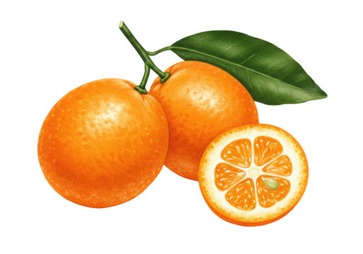 highly detailed watercolor botanical illustration of plump orange kumquat fruit cluster, whole and cross-section view with leaf and seeds, isolated high-key on white, concept for natural health and