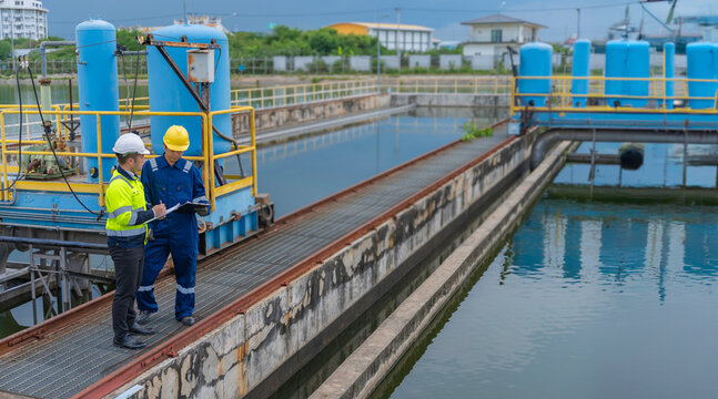 Two professional male engineers discussing maintenance plans on a clipboard while standing on a metal walkway at a large industrial water treatment plant and sewage facility outdoors.