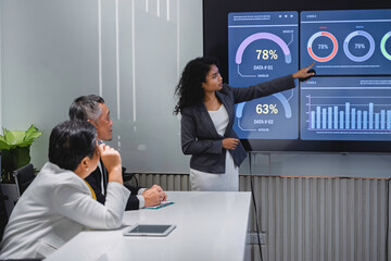 Diverse business team analyzing financial data and performance metrics during a corporate meeting. Professional teamwork, strategy planning, and data-driven decision making in modern office.