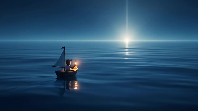 A small boat with a glowing light sails on a calm sea towards a bright horizon.