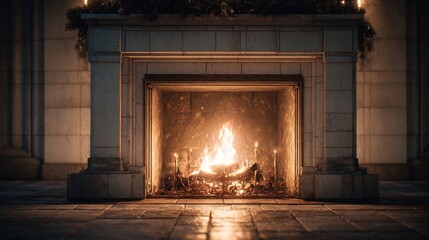 holiday fireplace glowing with firelight