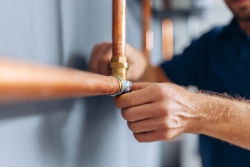 Hands are securing copper pipes together, showcasing precise plumbing work on a wall