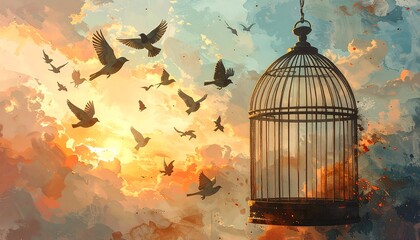 Birds fly from an empty cage against a sunset-sky backdrop, suggesting freedom and escape
