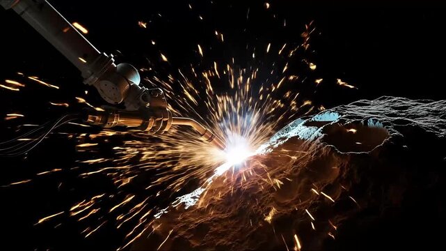 Robotic Arm Welding on Asteroid Surface Space Mining Operation Futuristic Technology Sparks and