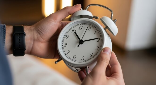 Person adjusting a classic white analog alarm clock