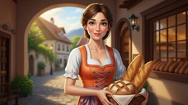 A charming baker in traditional attire holds a basket of fresh bread in a picturesque European village setting.
