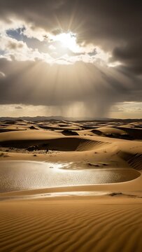 Dramatic sun rays piercing through dark storm clouds illuminating a small pool of water reflecting light amidst vast, rippled golden sand dunes under a moody desert sky